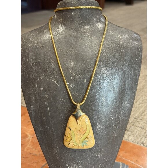 VINTAGE GOLD SNAKE CHAIN TULIP CLOISONNE ENAMEL FLOWER PENDANT 24" NECKLACE EUC - Picture 3 of 11